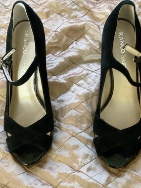 Franco Sarto Black Suede Mary Jane Peep Toe Heels with Ankle Strap